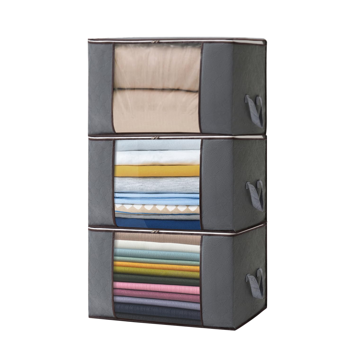 Cajas Almacenaje Ropa 3 Piezas, 90L Bolsa de Almacenamiento Ropa de Tela no Tejida, Organizador Armario con Mango Reforzado, Contenedor para Debajo de la Cama para Edredones, Mantas, Almohada