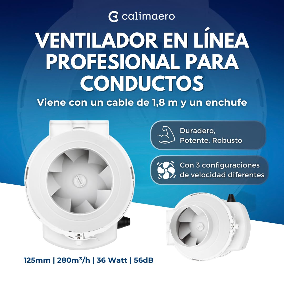 CALIFLOW Extractor de Aire 125 mm Potente en Línea Extractor | HEPA filtro de carbón activado 3 etapas máximo 280 m³/h, 36 vatios / 56 dB a prueba de chorros