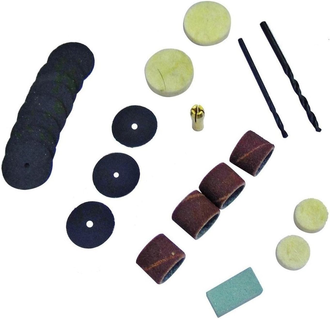Assorted rotary tool accessories including sanding bands, cutting discs, and drill bits