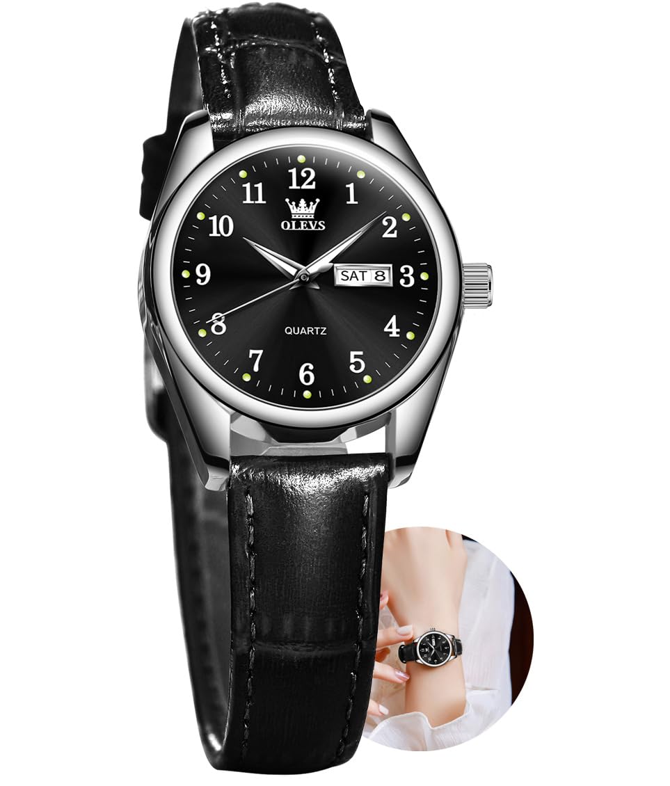 OLEVS Orologio da donna in pelle, al quarzo, con quadrante piccolo, delicato e alla moda, classico, con data e numeri romani, semplice, elegante, analogico, impermeabile, da donna (bianco/blu)