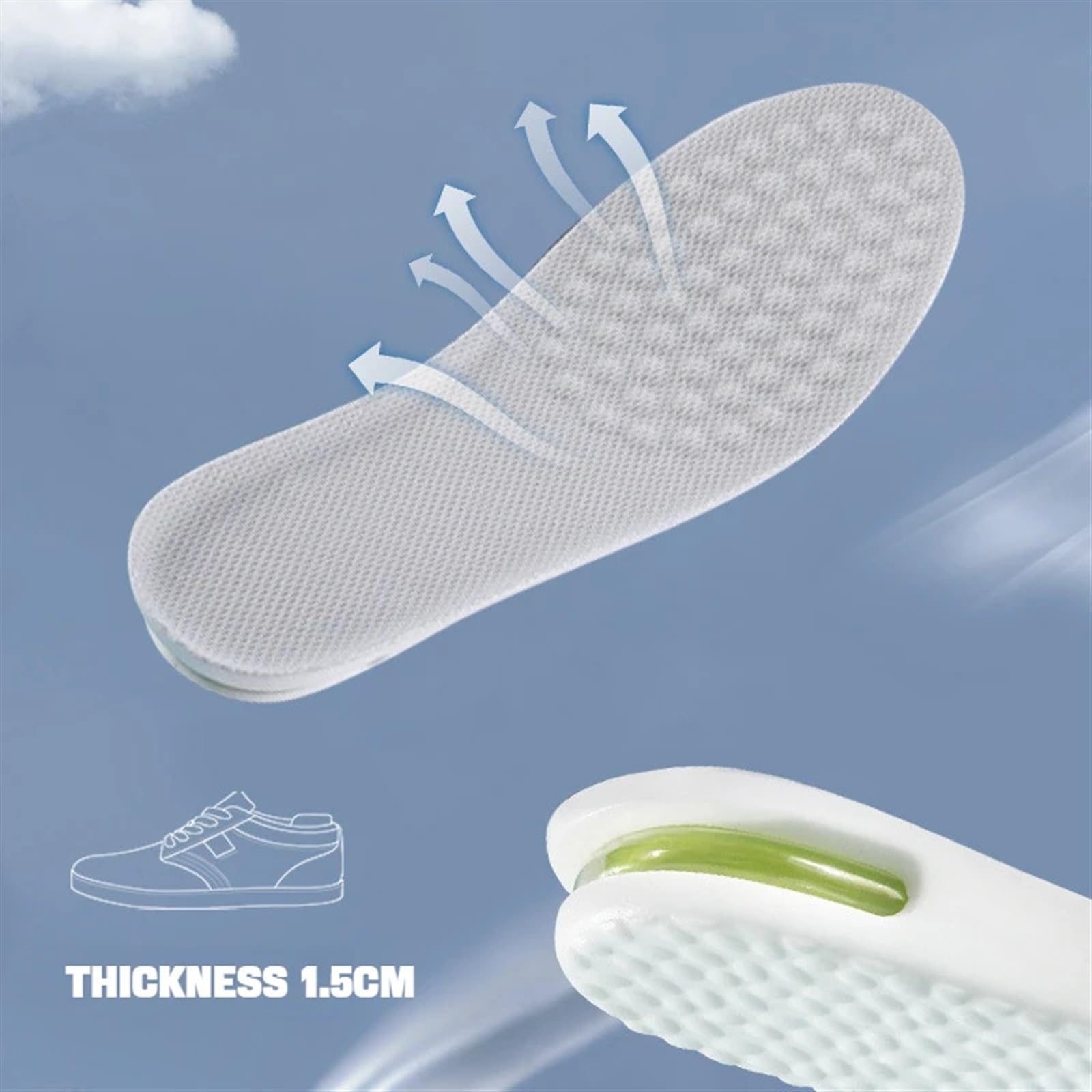 2 pares de plantillas for aumentar la altura los pies, cómodas for zapatos Plantar, almohadillas for deportivas que absorben golpes Para Zapatos(1.5cm-Gray,EU35-36)