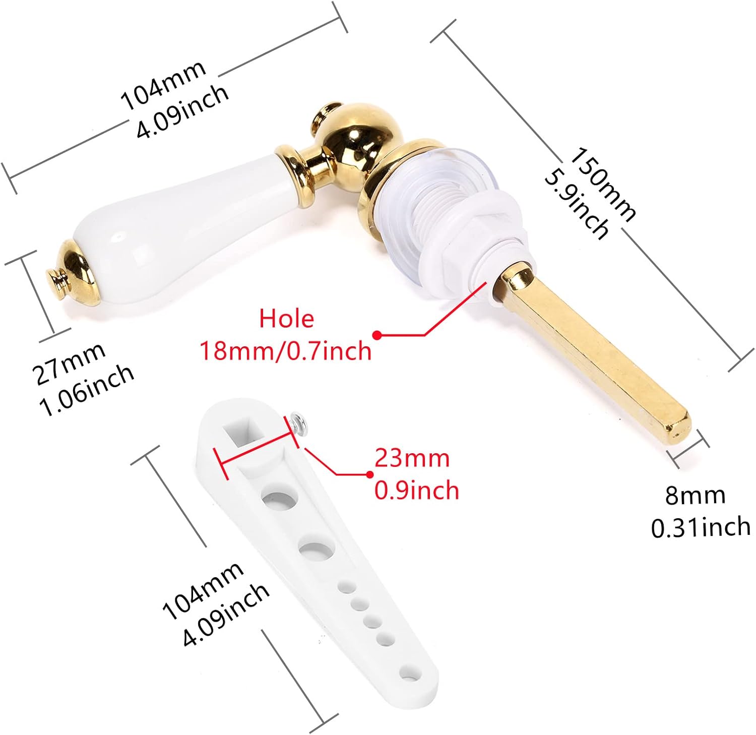 Toilet Handle Flush Rod Replacement Kit Ceramic Pull Handle 18mm/0.7inch Hole for Most Toilet Tank Lids (Gold)