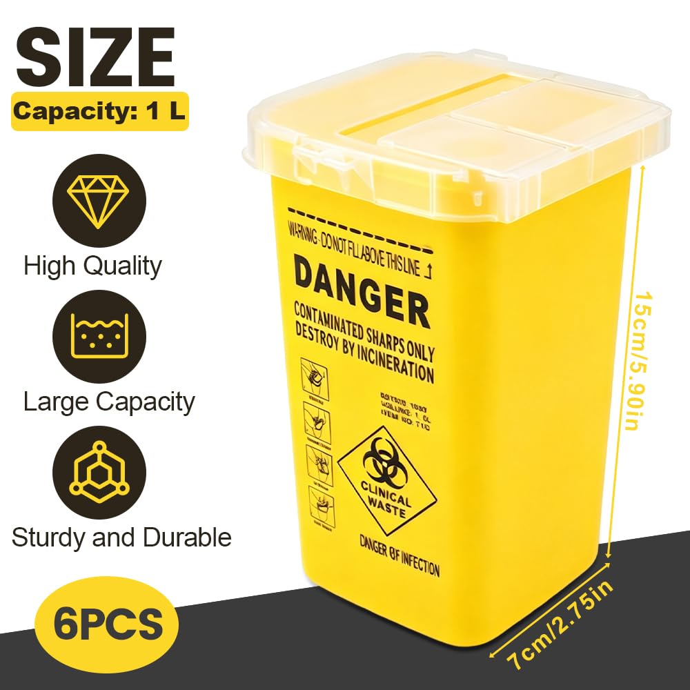 XPJBCK 6Pcs Boîte Pointue pour Conteneur D'aiguillest, 1L Boîte à Déchets de Canules avec Couvercle, Conteneur pour Aiguilles, Biohazard Boîte de Rangement pour Aiguilles, Seringues, Objets Tranchants