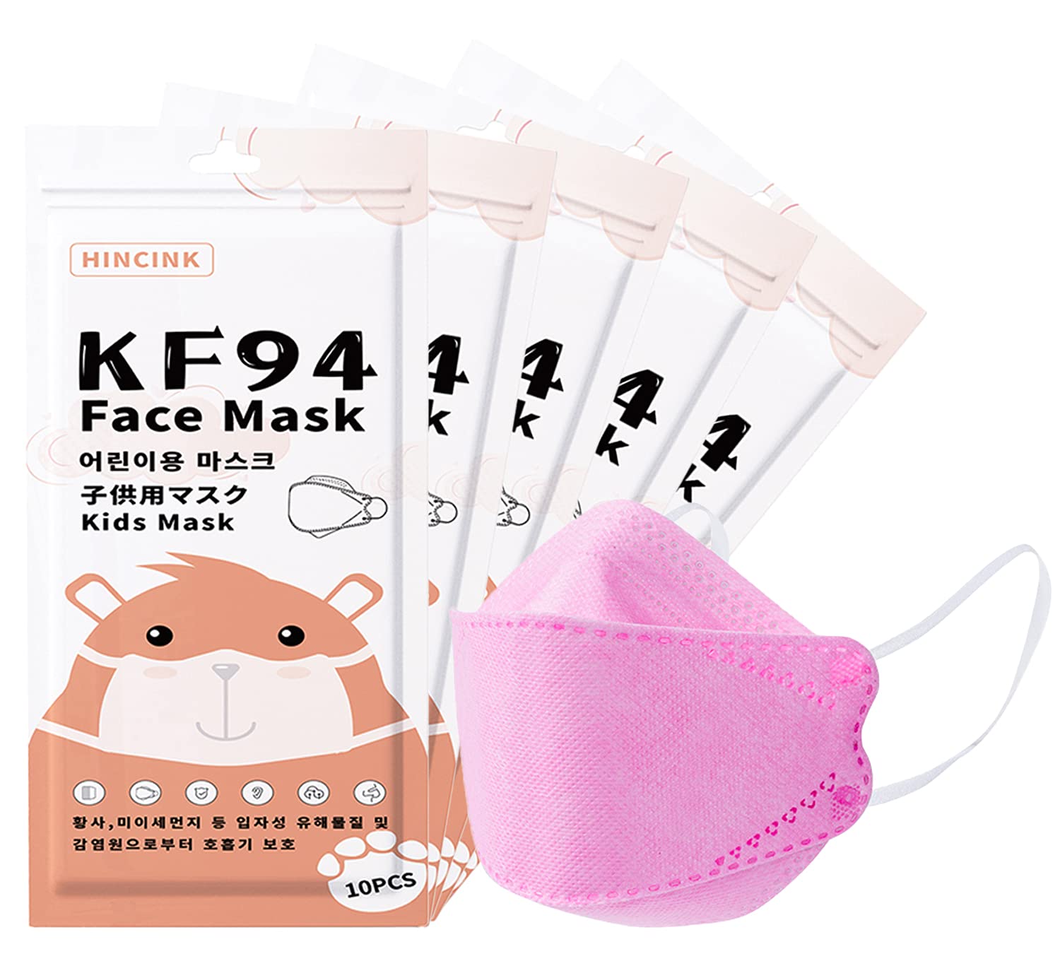 [Pack of 10] Kids Disposable Face Masks, Individually Wrapped 4-Layers Premium kf94 mask kids colorful Earloop(Age 3 to 9) (Kid 20pcs, Pink)