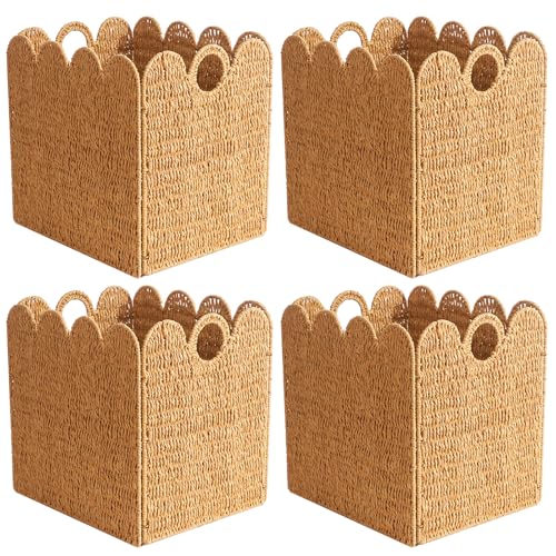 Image of Scalloped Wicker Storage Cubes Basket, 12”x12“ Heavy Duty Paper rope/Hyacinth/Seagrass Baskets for Shelves, Foldable Natural Boho Square Bins (Paper Rope, 12 x 12 x 12in, 4-Pack)