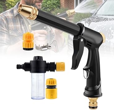 High Pressure Hose Nozzle, Adjustable Water Spray Gun with 4 Spray Modes, Metal Garden Hose Sprayer for Car Wash, Plants Watering, Patio & Outdoor Cleaning 1, Washer Gun + 3 Connectors + Foam Cannon
