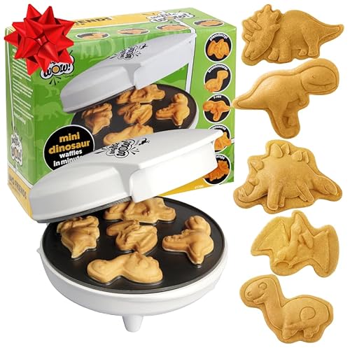 Dinosaur Mini Waffle Maker- 5 Different Double Sided 3D Shaped Dinos in Minutes- Breakfast Fun for Kids Adults w Cool Novelty Pancakes, Electric Baker, NonStick Waffler Iron w Recipe Guide, Xmas Gift
