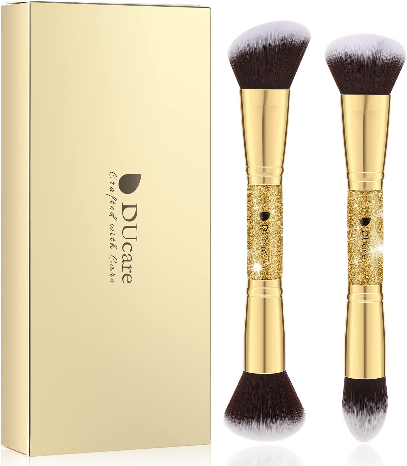 2pcs Duo End Makeup Brushes, Foundation Powder Buffer & Contour Synthetic Hair Face Cosmetic Tool Set