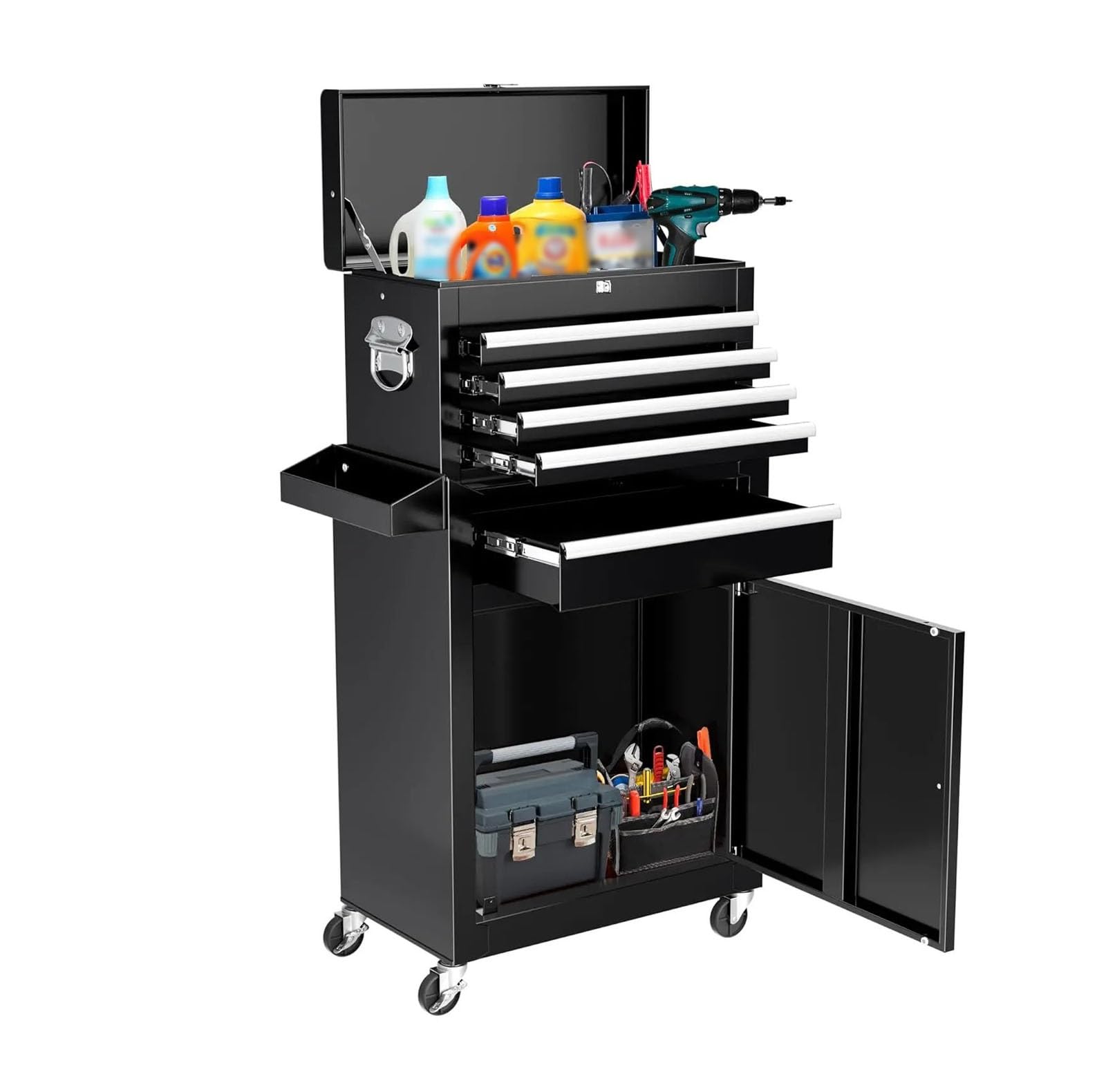 Portable Rolling Tool Chest with Detachable Top Box and Lockable Wheels | Heavy Duty Cabinet with Drawer Liners, for Garage, Warehouse & Repair Shop Storage and Toolbox(Black)