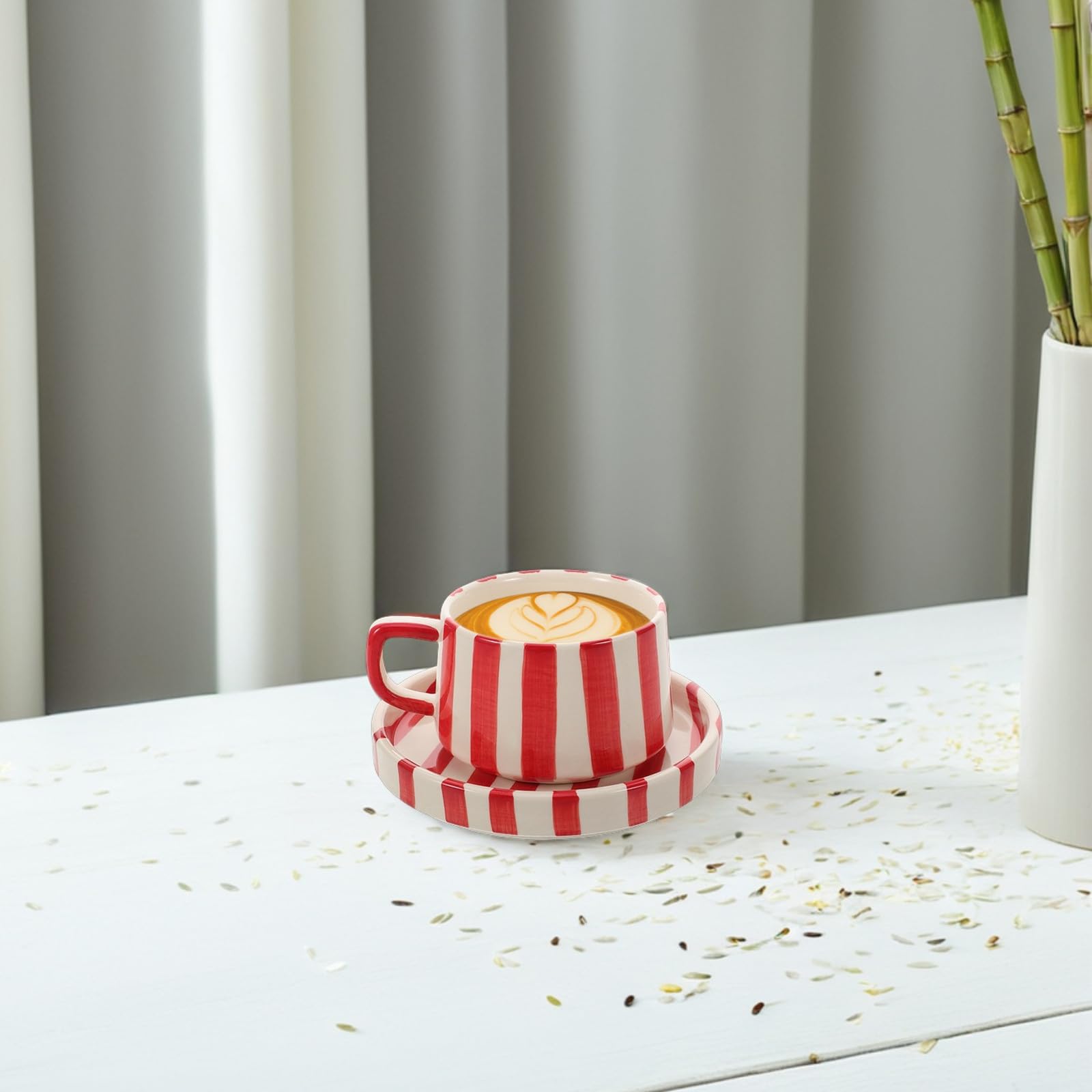 Didiseaon Tasse à Café en Porcelaine Soucoupe, Mug à Cappuccino et Thé, Design Rayures Original pour Collection et Usage Quotidien