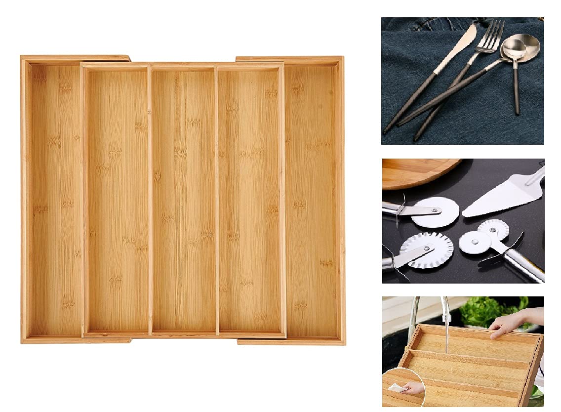 Bandeja de cubiertos de bambú para cajones. Soporte expandible para cubiertos con 5 compartimentos. Divisor grande para utensilios de cocina para nización.