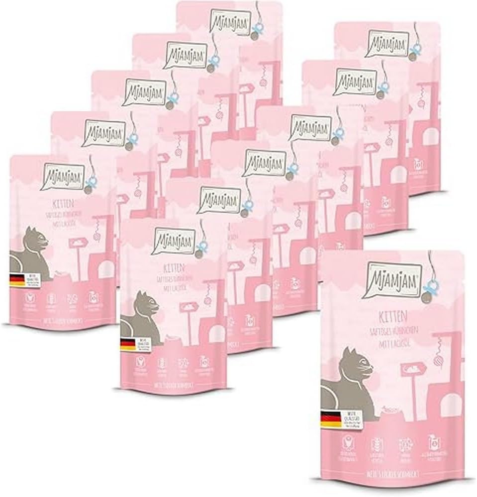 MjAMjAM - premium wet food for cats - Quetschie - Kitten juicy chicken with salmon oil, pack of 12 (12 x 125 g), grain-free with extra meat