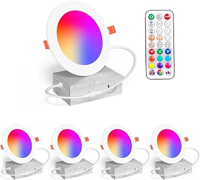 Recessed Lighting 4 Inch RGBCW Color Changing 12W LED Downlights with Junction Box,1080Lumens Recessed Ceiling Light,Dimmable by Remote Control,Dual Memory - Timer - 14 Color Choices - 3 Modes,4 Pack