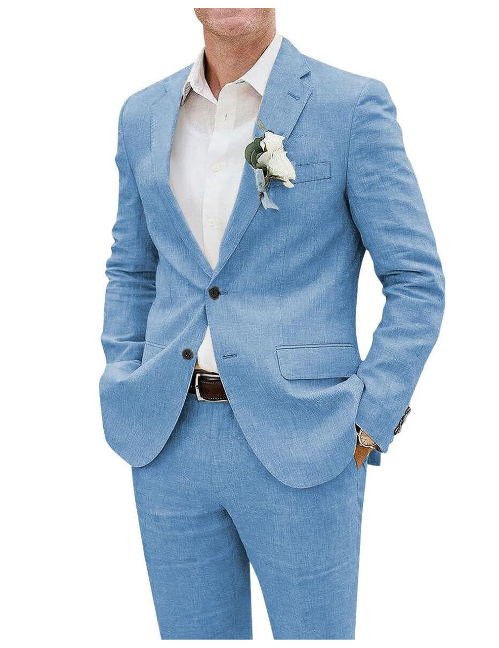 Men's Linen 2 Piece Blazer Pants Suits Single Breasted Notch Lapel Lightweight Tuxedo for Business Wedding