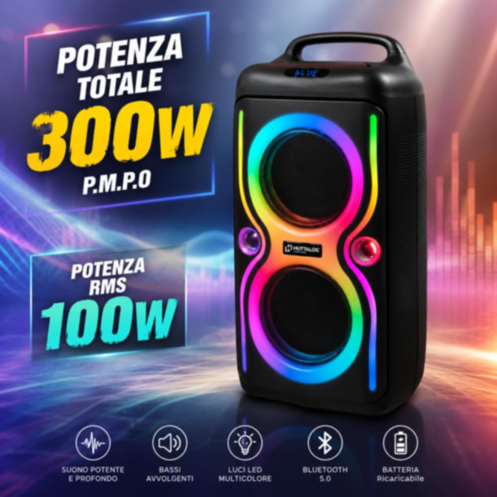 Vetrineinrete® Cassa Bluetooth Portatile a Zaino 100W RMS con Luci RGB