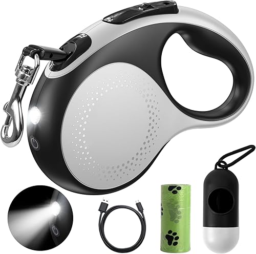 Correa retráctil para perro con luz LED, correa de perro resistente de 16 pies retráctil para perros medianos y grandes de hasta 110 libras, 360 sin