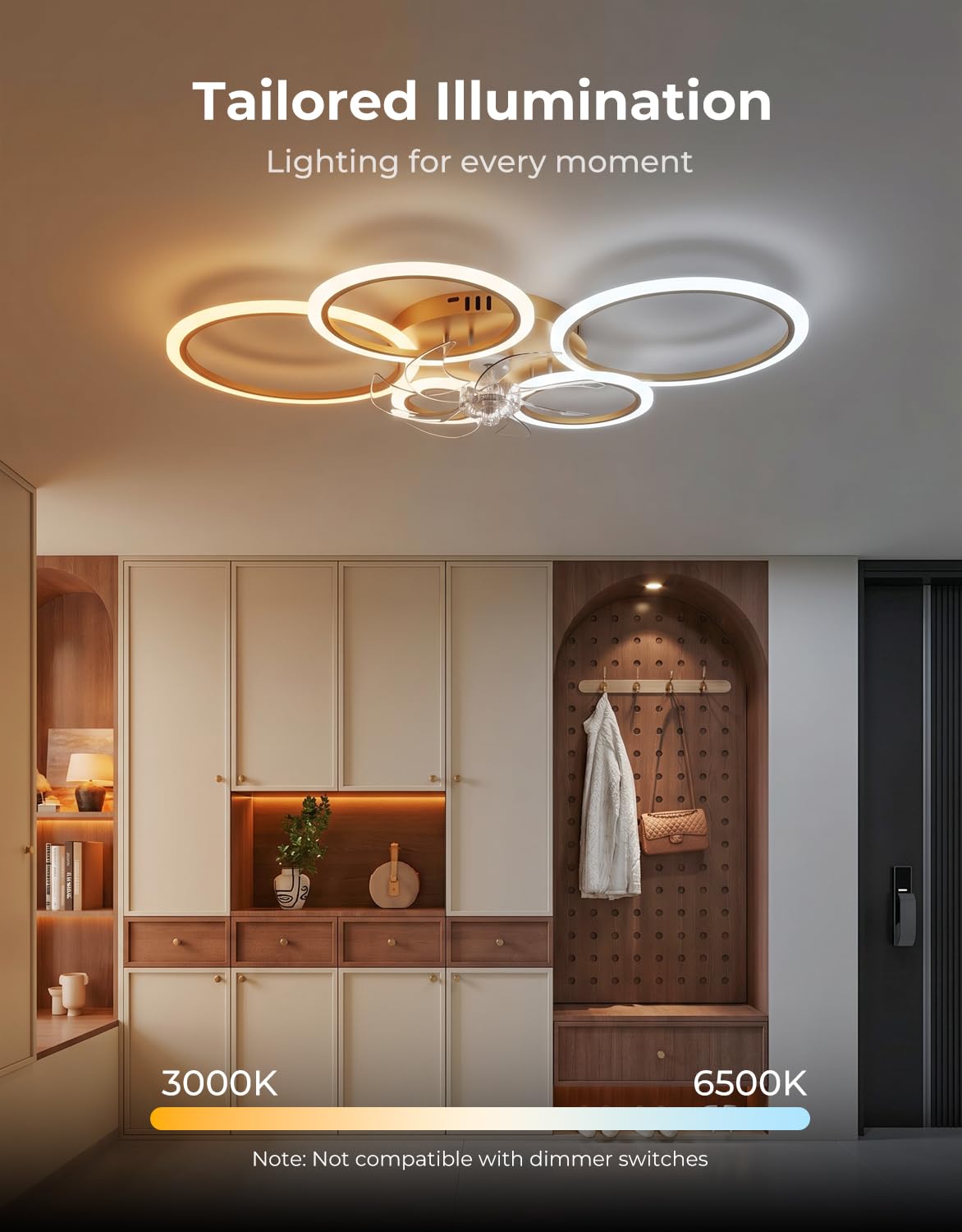 Plafoniera con Ventilatore da Soffitto, Anelli Lampadario Led con Ventilatore da Soffitto, Dimmerabile, Motore DC, Modalità Estate Inverno, Ventola Soffitto con Luce e Telecomando, Oro