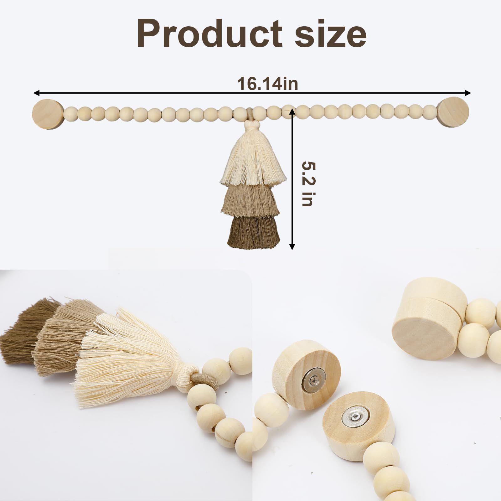 2 Pack Handmade Wooden Bead Curtain Tiebacks with Tassel, Simple Elegant Magnetic Curtain Holdbacks for Drapes in Bedroom, Nursery, Living Room (Coffee Brown)