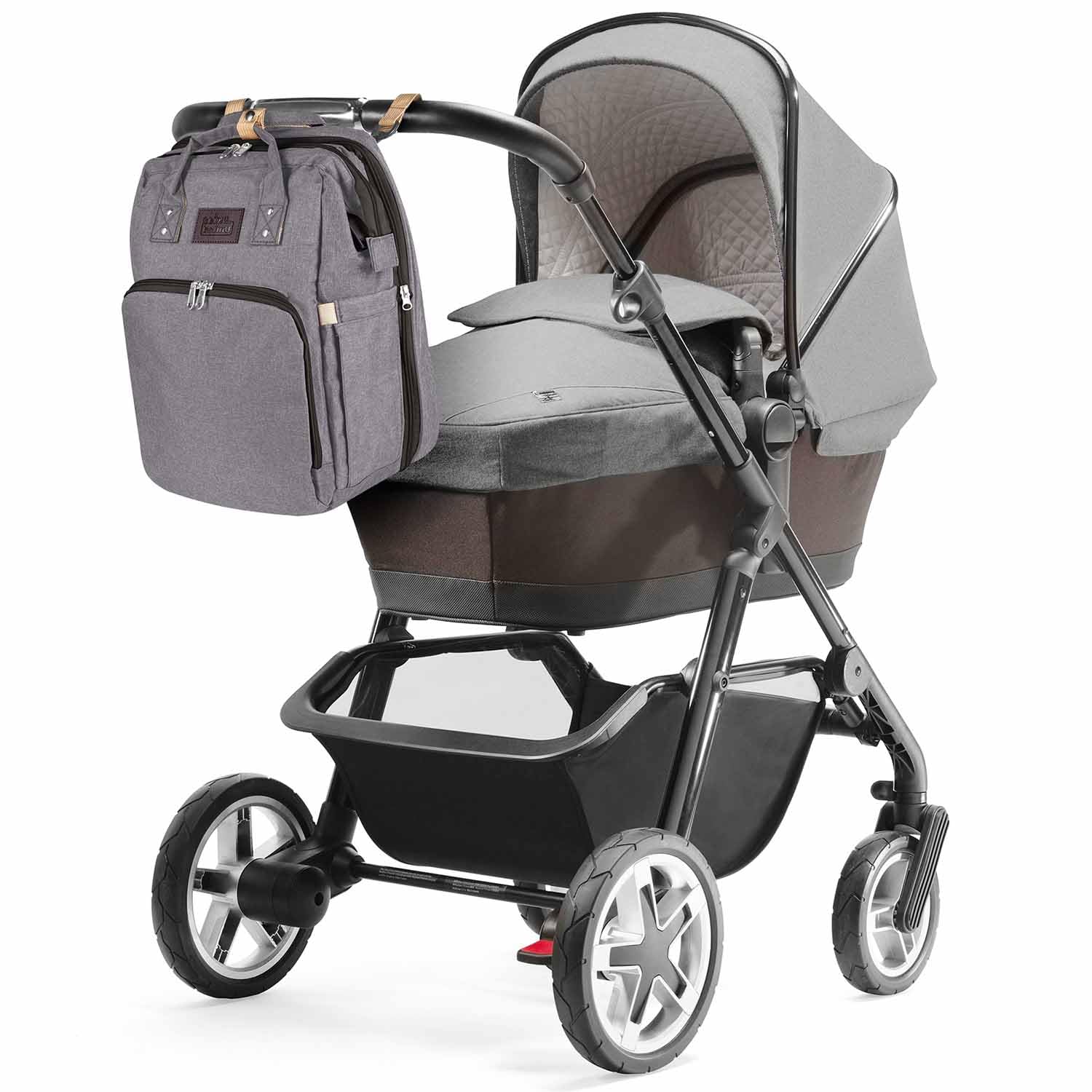 all Kids United® Baby Changing Backpack Deluxe with Cot - Juego de bolso cambiador para bebés: mochila para bebés, cambiador, cuna integrada, gancho para cochecito (Gris)