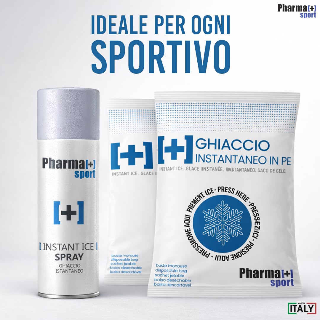 PHARMA+SPORT Kit Ghiaccio Sportivo 10+2 Ghiaccio Istantaneo Monouso + Ghiaccio Spray 400ml – Primo Soccorso per Traumi, Distorsioni, Contusioni – Made in Italy