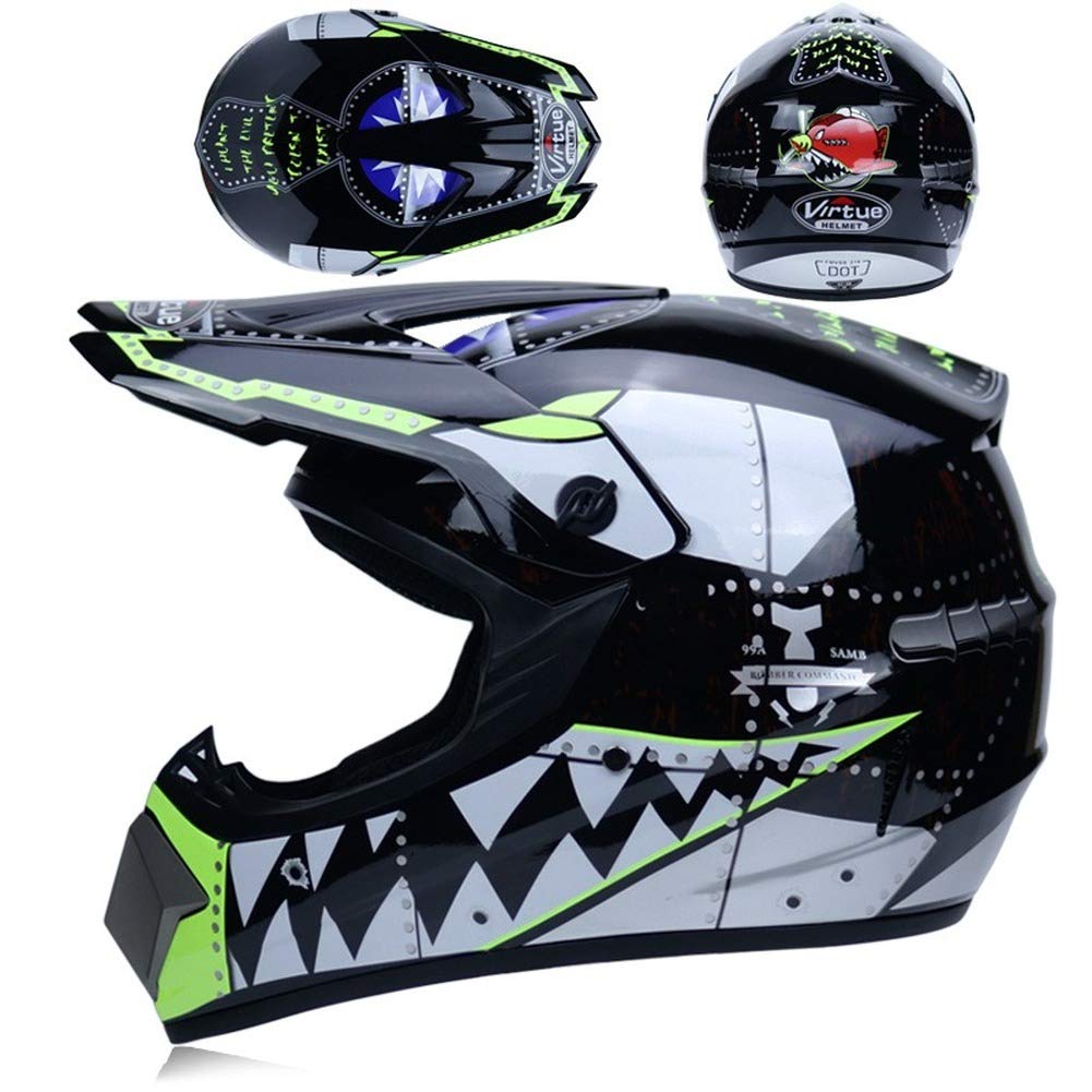 Casque De Motocross MX Pour Enfants Casque De Moto ATV Casque D. O. T Certified Casque De Requin Multicolor Avec Lunettes Gants (black,XL:61-62cm)