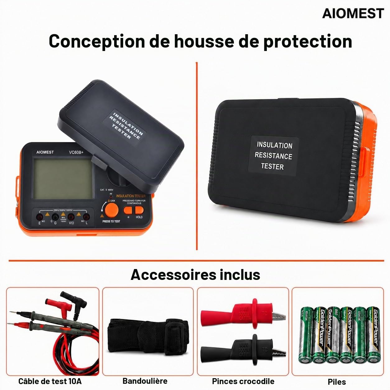 Testeur d’Isolement Numérique 1000V, AIOMEST Mégohmmètre Digital avec Tension Réglable 250V/500V/1000V, Mesure jusqu’à 2 GΩ, Testeur de Continuité, CAT III 600V Multimètre pour Moteurs et Câbles