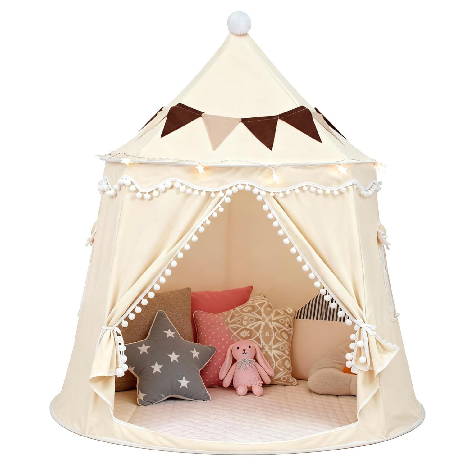 Play Tent with Padded Mat, Star Lights and Flags, Large Playhouse Kids Castle Tents, Indoor Outdoor Game Tent, Portable Children Yurt Tents, Gift for Boys & Girls, 47''x45'', Cream
