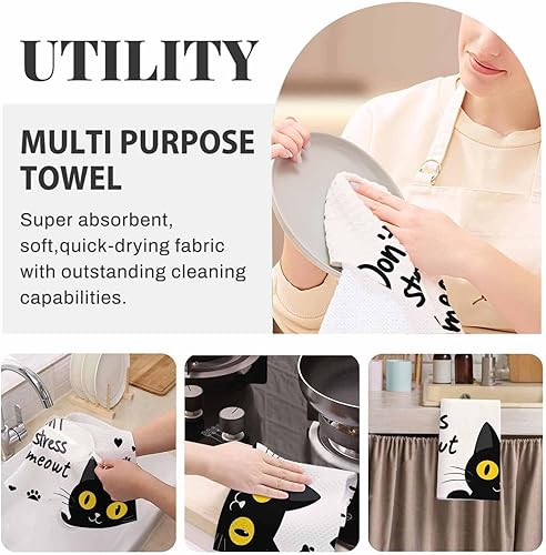 Miniatura 6 de Black Cat - Juego de 2 toallas de cocina con diseño de gato lindo con texto en inglés "Don't Stress Meowt", absorbentes y suaves, para decoración