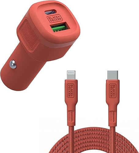 BLACK+DECKER Cargador de coche USB C, compacto de 38 W de 2 puertos, cable tipo C a Lightning certificado Apple MFi, compatible con iPhone 15, 14,