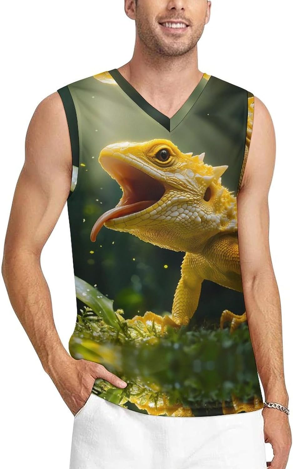 Lizard and Bee Men's V-Neck Basketball Tank Top Sleeveless Workout Tank Shirts Gym Fitness Tees Vest