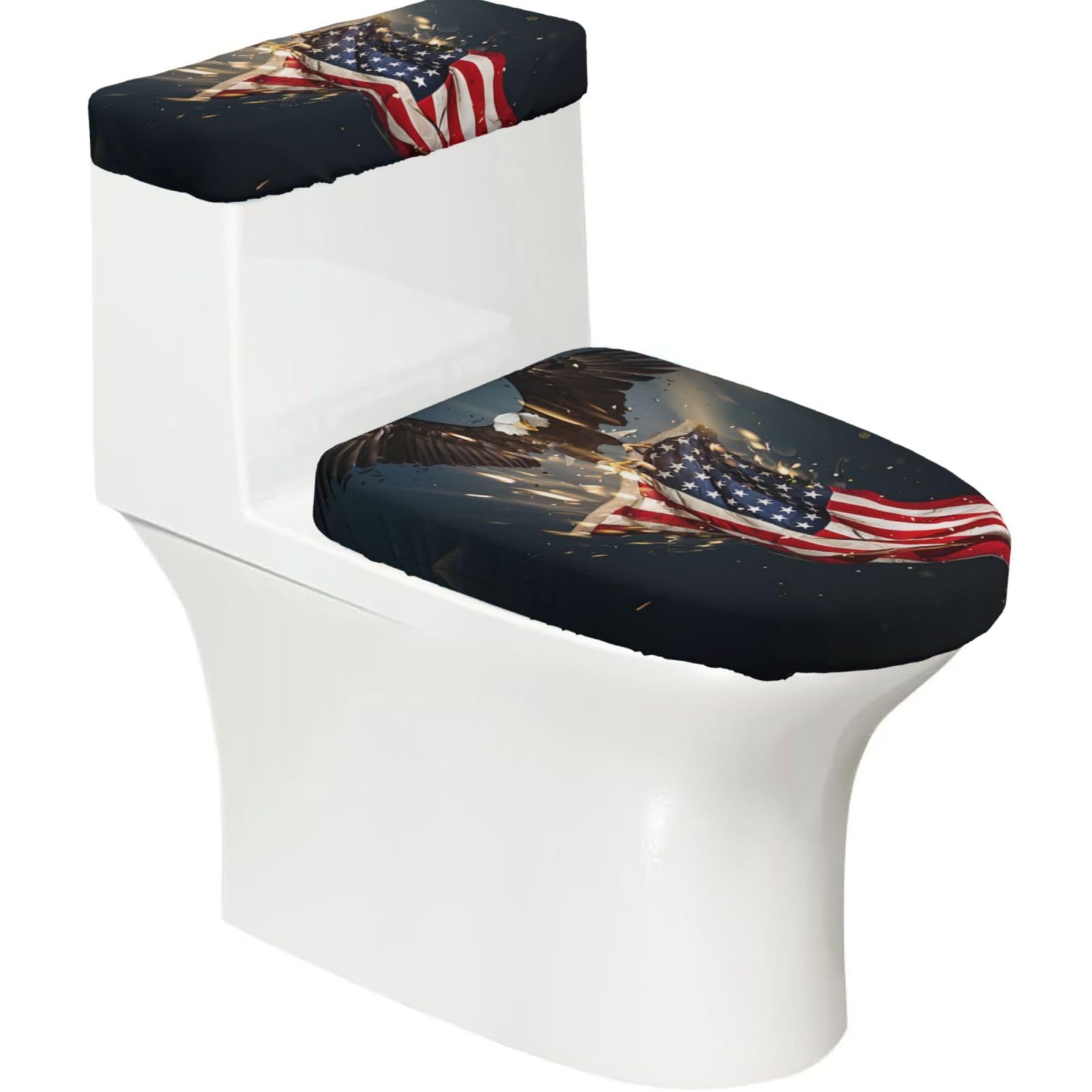 Wzycwb Black North American Bald Eagle 2-Piece Toilet Seat Cover Set With Tank Lid, Elastic Fit For U-Shape & Elongated Toilets, Bathroom Decor, Housewarming Gift