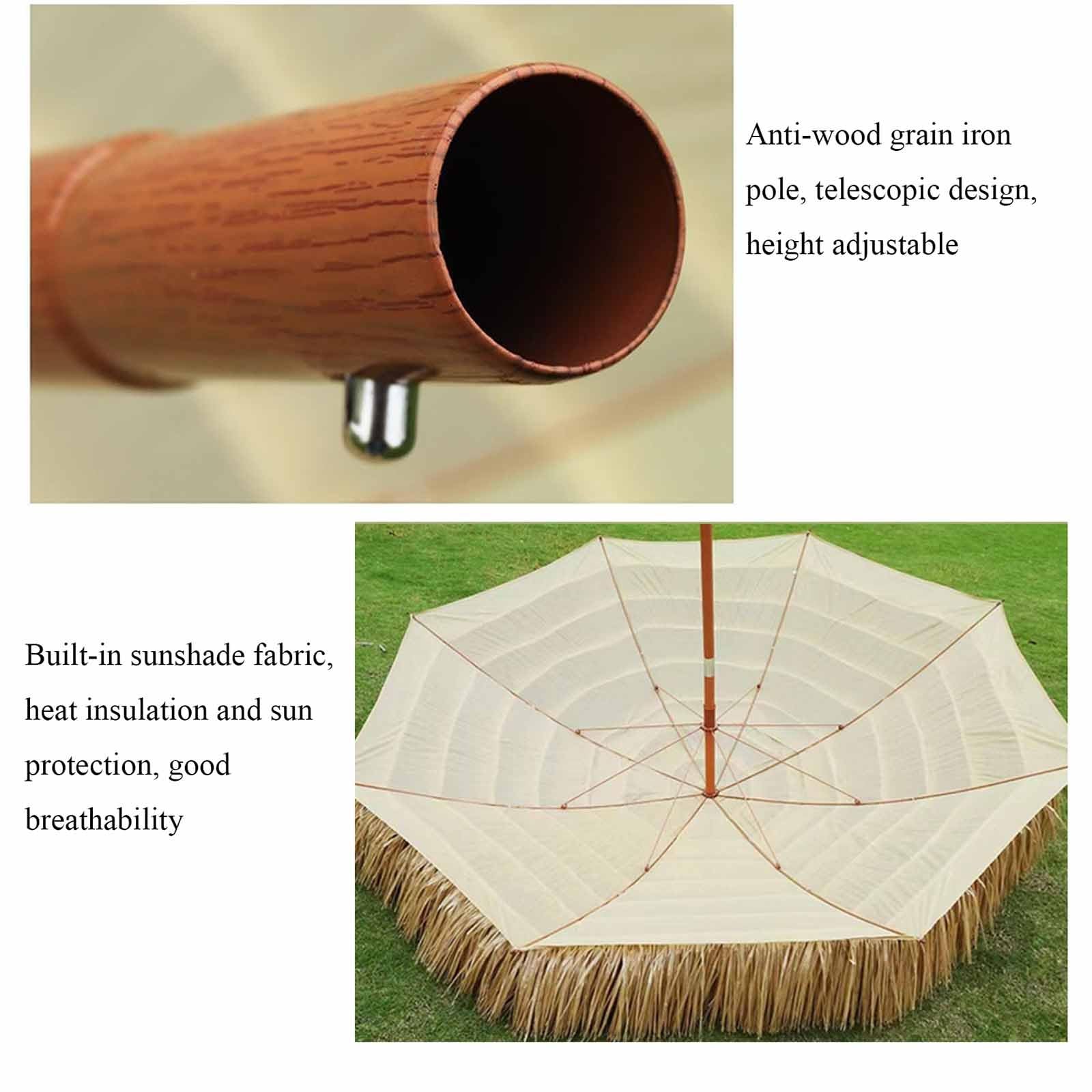 Bardzo duży i pogrubiony parasol z imitacją słomy o długości 2,7 m, odkryty basen i parasol przeciwsłoneczny na plażę, obrót o 360 stopni, łatwa regulacja kąta nachylenia.