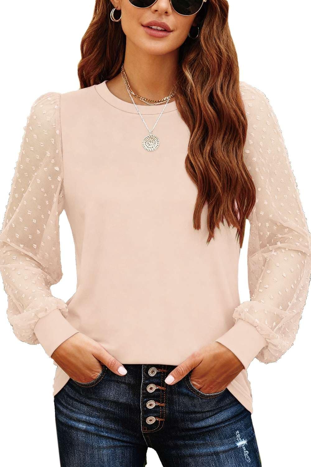 Teesho Damen Langarmshirt Elegant Oberteile Spitze Ärmel Blusen Herbst Shirts Basic Tops Tunika(Beige/M)