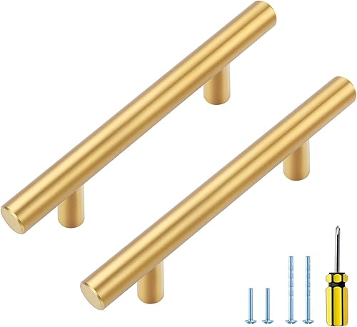 Ravinte Paquete de 10 manijas doradas para gabinetes de cocina color dorado cepillado de 5 pulgadas, tiradores de cajón de latón cepillado de 3