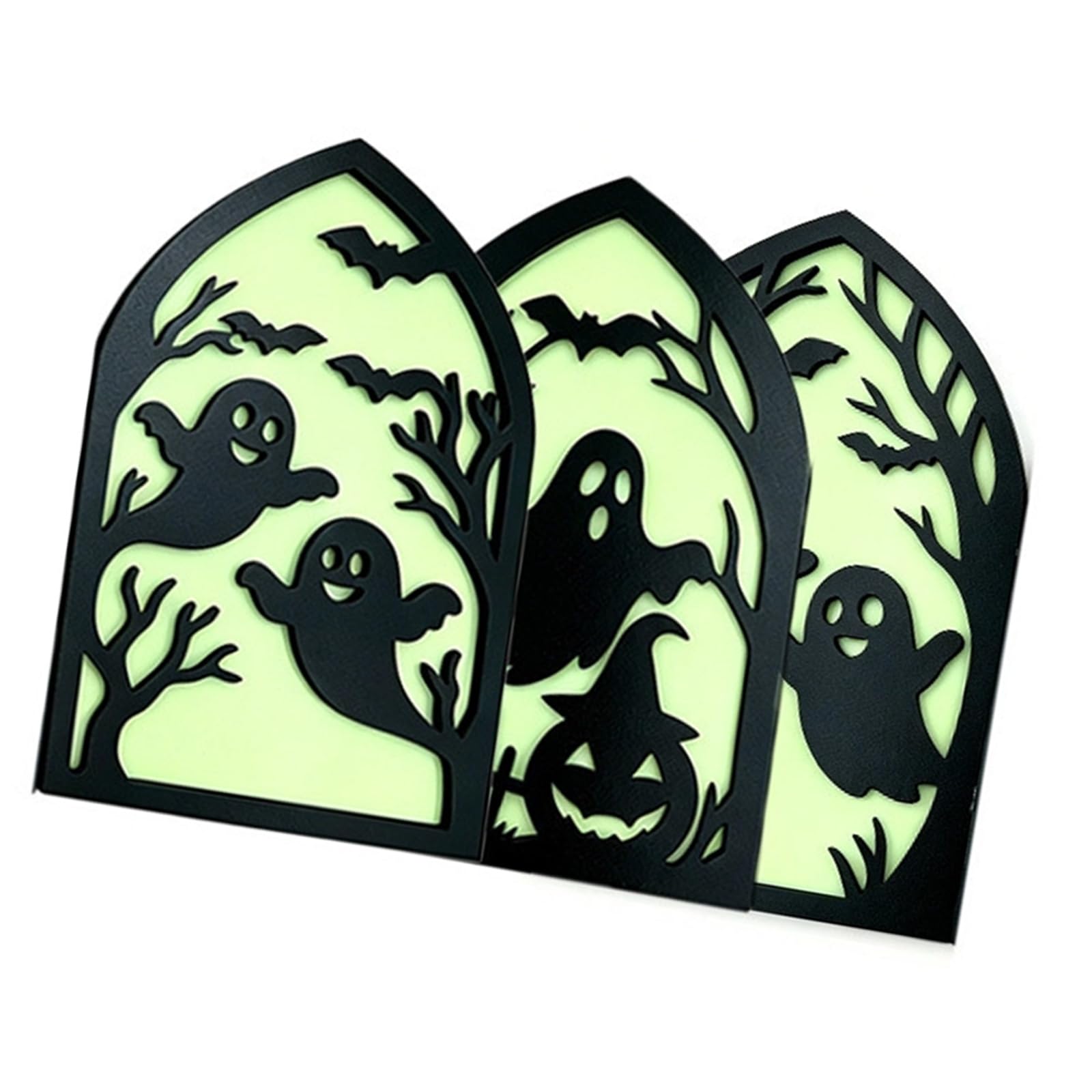Shntig Layered Wooden Halloween Decoration, Hollow Carved Tabletop Accent for Desk Decor, Shelf Styling and Counter Display Ghosty Witches Centerpieces Wooden Table Signs