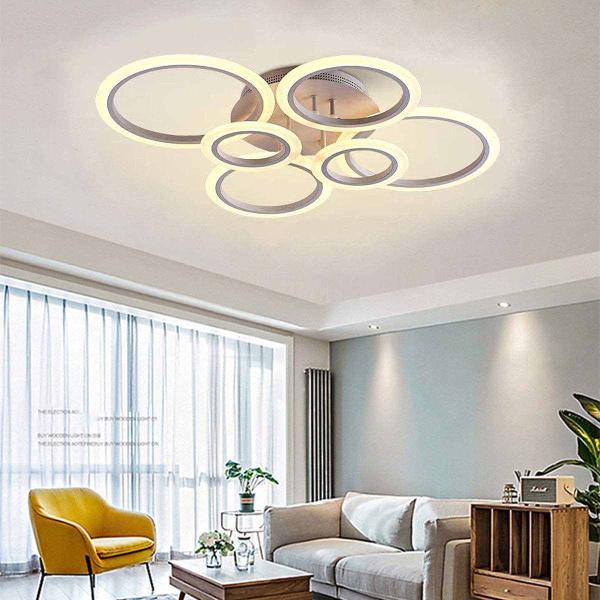 Lampa sufitowa LED z możliwością ściemniania, Ø80 cm, 6400 lm, biały metalowy aluminiowy klosz LED, 6 kółek, pilot zdalnego sterowania 3000K-6000K
