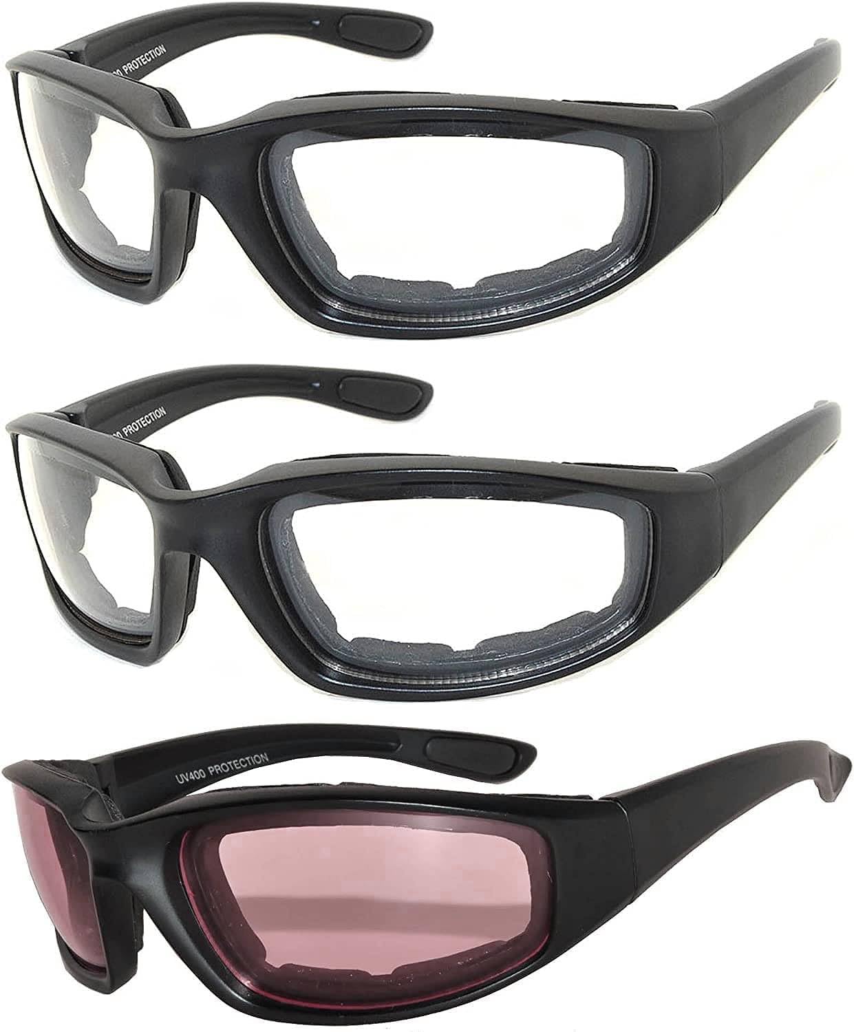 OWL 3 Pack Motorcycle Riding Glasses, Padded Sport Sunglasses, Assorted Colors for Men and Women