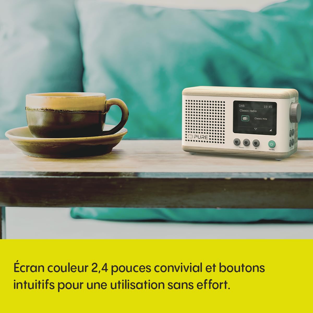Pure Mini Radio numérique Portable Classique - Dab+ & FM - Bluetooth 5,3-15 Heures d'autonomie - 2 Options d'égaliseur - écran Couleur 2,4" - Sangle de Transport - Coton Blanc/chêne - Compact et léger