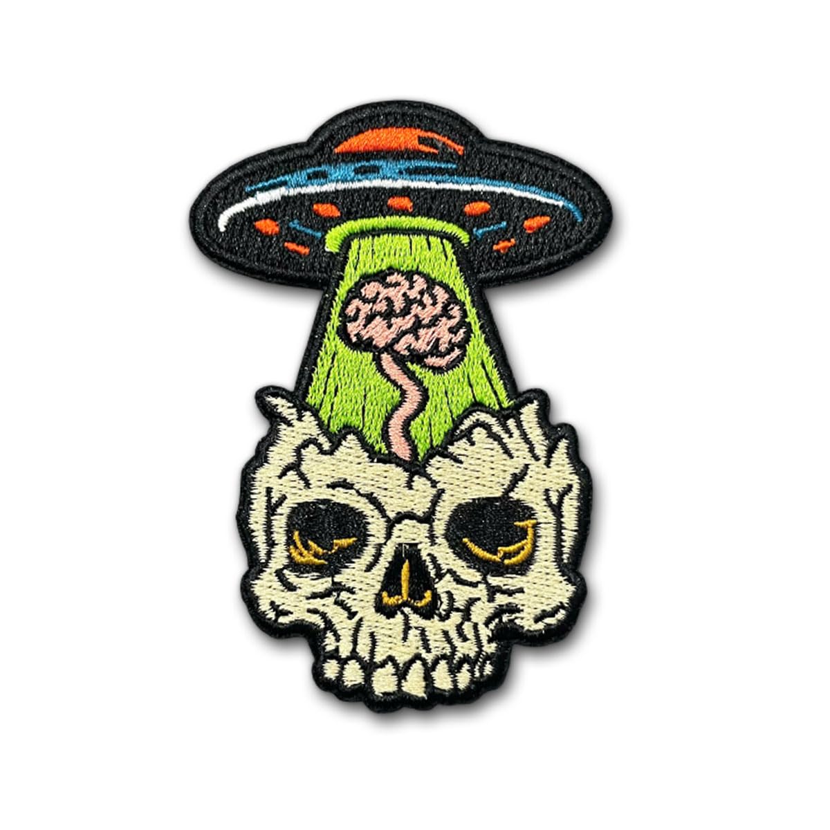 Alien UFO Skull Embroidered Patch, Brain Abduction Iron On Patch, Gothic Sci-Fi Embroidery Applique for Jackets, Vests, Backpacks, Biker Punk Rock Clothing, Horror Paranormal DIY Accessories