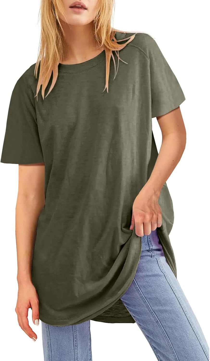 Fisoew Womens Oversized T Shirts Short Sleeve Tunic Tops Crew Neck T-Shirts Summer Casual Loose Fit Basic Tee - Image 2