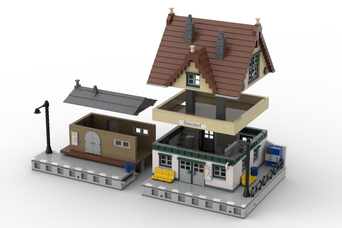 Petite ville modulaire de la gare de Steindorf - 1 963 blocs de serrage - 48 x 24 x 27,5 cm - Accessoires de ville détaillés - Avec pierres imprimées - Compatible avec les systèmes de