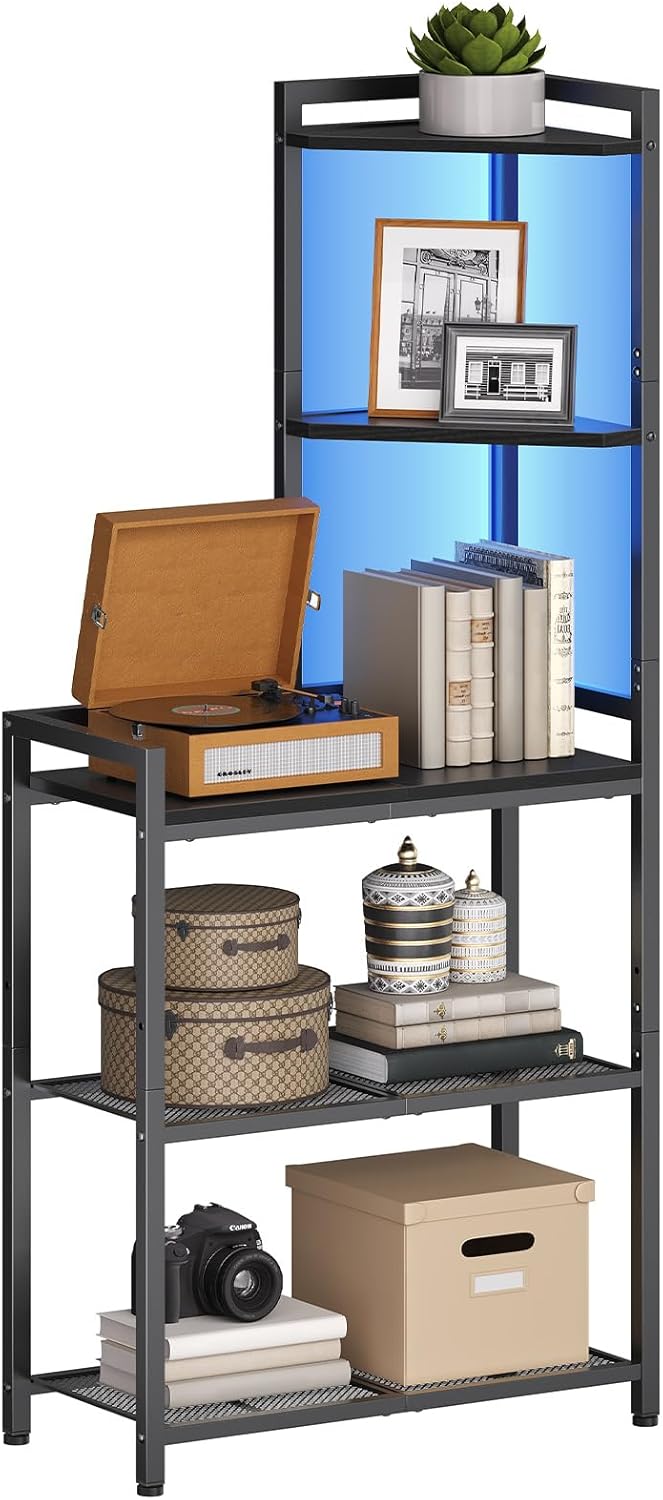 HOOBRO 5-Tier Corner Shelf Stand, Corner Shelf with LED Light, 56.3″ Tall Corner Bookshelf, Display Rack Storage Organizer with Table, for Small Spaces, Living Room, Entryway, Black BB69DCJ01