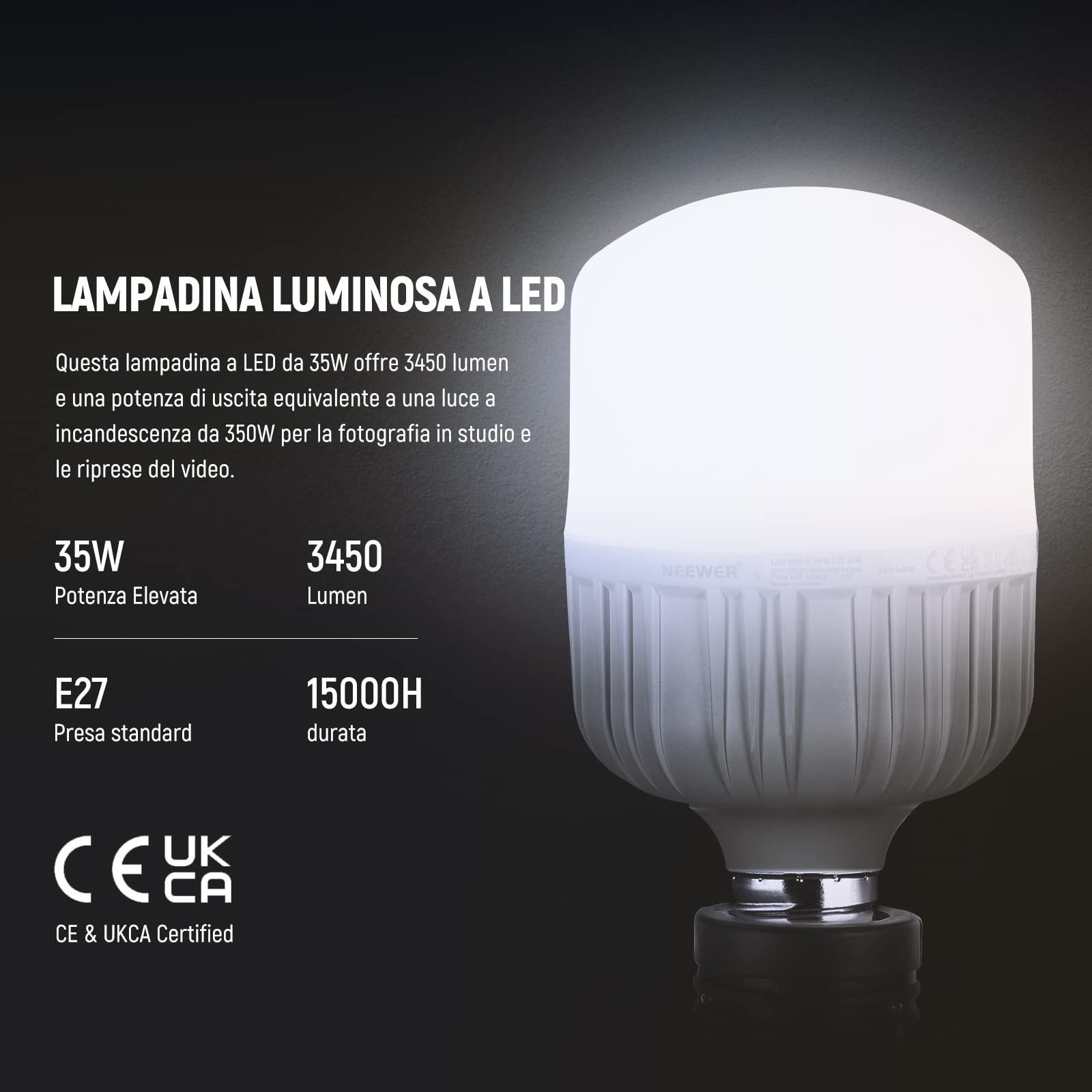 Neewer Lampadine LED E27 da 35W, 2 Confezioni, 3450 Lumen/5700K/CRI 93+/Durata 15000h, Illuminazione Video Fotografia Luminosa, Silenziosa/Senza Sfarfallio/Non Dimmerabile, Equivalente Lampadina 350W