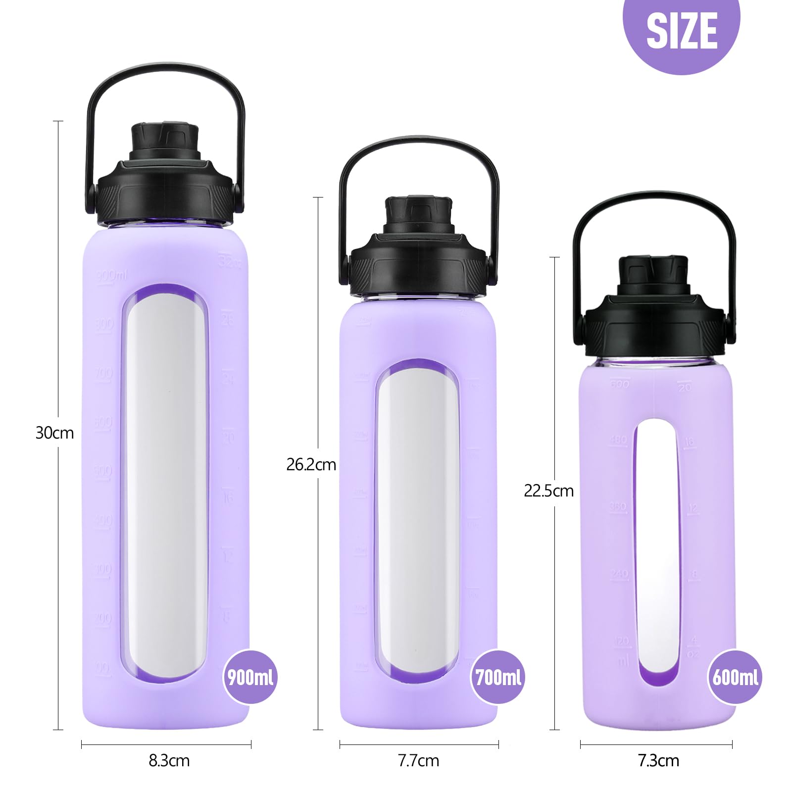 BLUEGO Borraccia Vetro 900ml con 2 Coperchi e Cannuccia, Sportiva Bottiglia d'Acqua con Custodia in Silicone e Indicatori di Tempo, Senza BPA, Viola