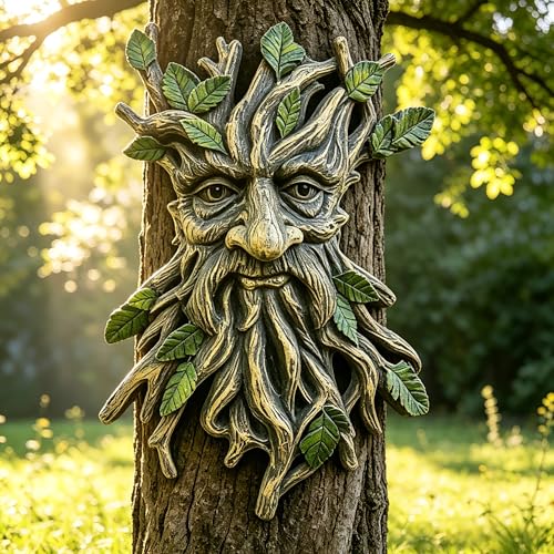 KARSTSYLVA Whimsical Tree Face Garden Decoration Tree Faces Decor Outdoor Wallmounted Statue Art with Leaf Features Outdoor Decor Garden Accessory (Nature and Outdoors)