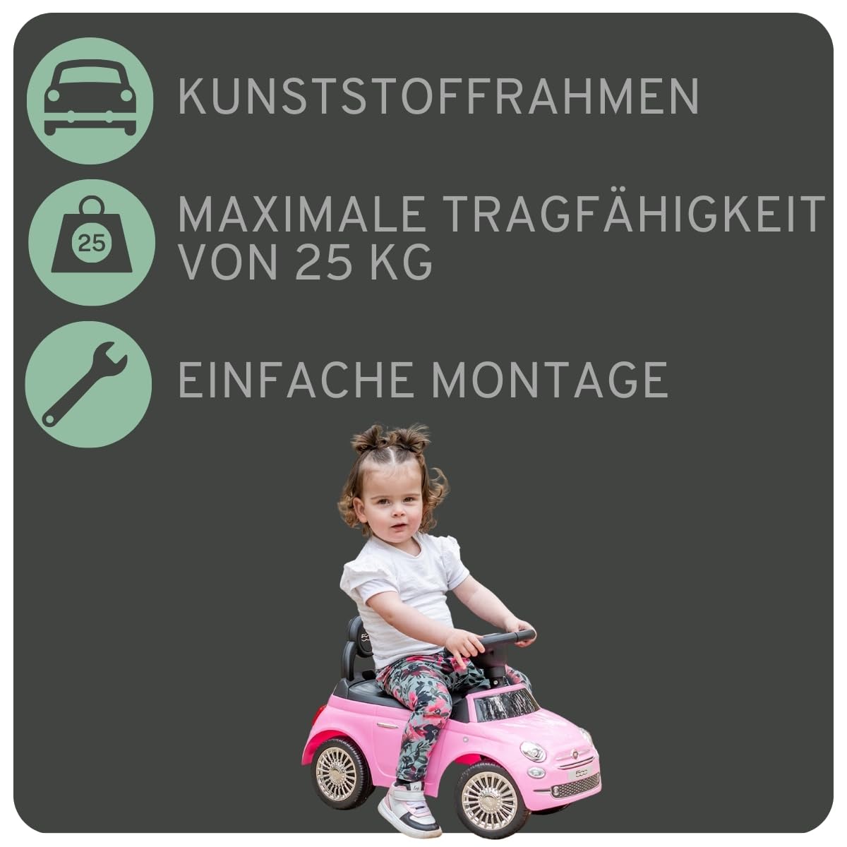 Bandits & Angels Rutschauto FIAT 500 Retro Pink ab 1 Jahr für Mädchen – Rosa Rutschauto für Kinder – mit Hupe – für drinnen und draußen