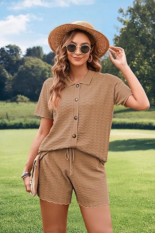 Pink Queen Women Knit Shorts Set 2 Piece Outfits Short Sleeve Button Down Sweater Top and Shorts Lounge Set - Image 4