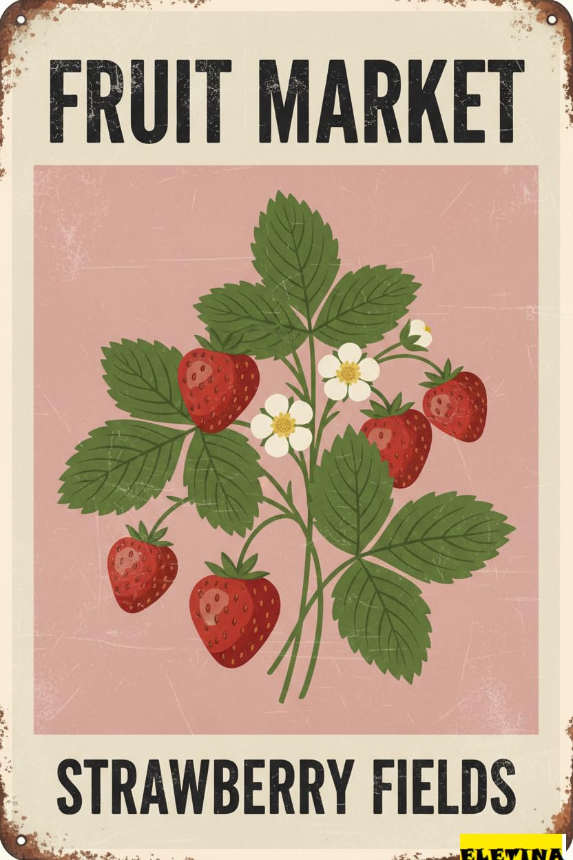 Strawberry Fields Fruit Market Tin Sign, 8x12 Inch