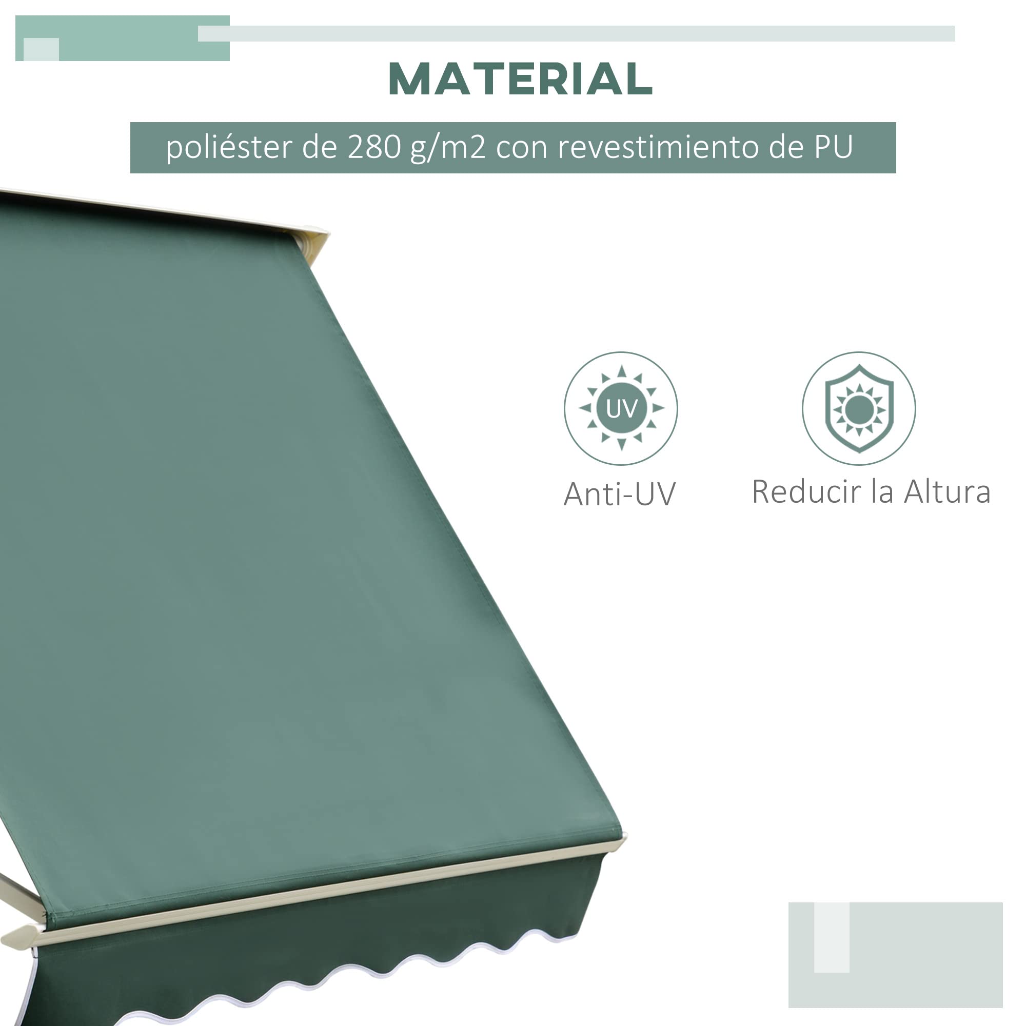 Outsunny Toldo Manual de Aluminio Retráctil para Ventanas Exterior Ángulo Ajustable Impermeable Tela de Poliéster 180x70cm Verde