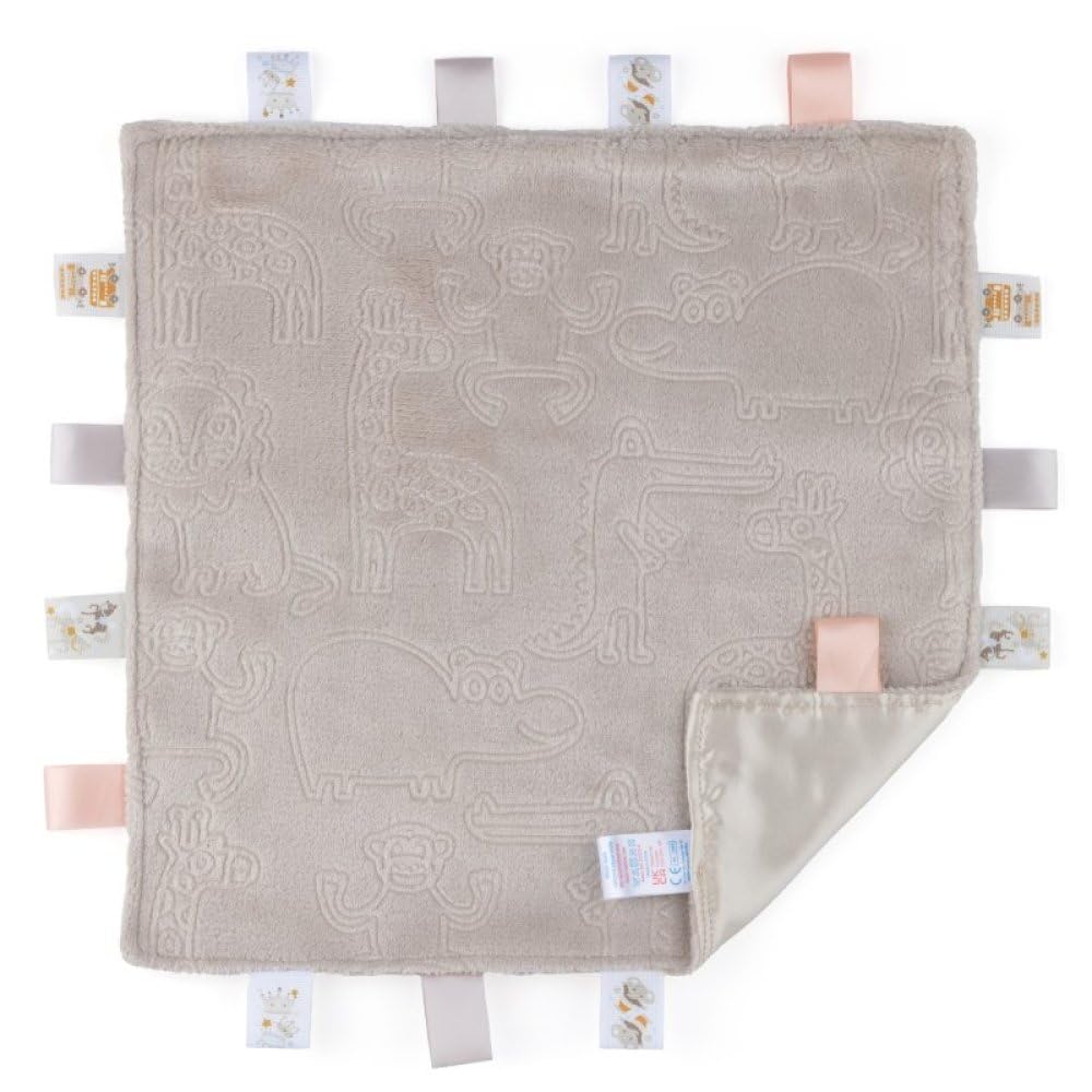 Mayra Hosiery Soft-Touch | Newborn Baby Taggy Blanket Comforter | Embossed Sensory Tags & Ribbons | Soft Flannel Back 35 x 35cm | 100% Polyester (Biscuit)